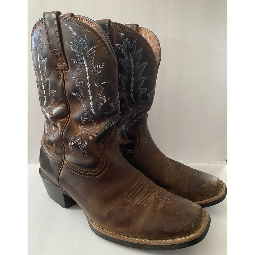 Ariat Mens Sport Western Boots Brown Leather Square Toe Embroidered Cowboy Boots